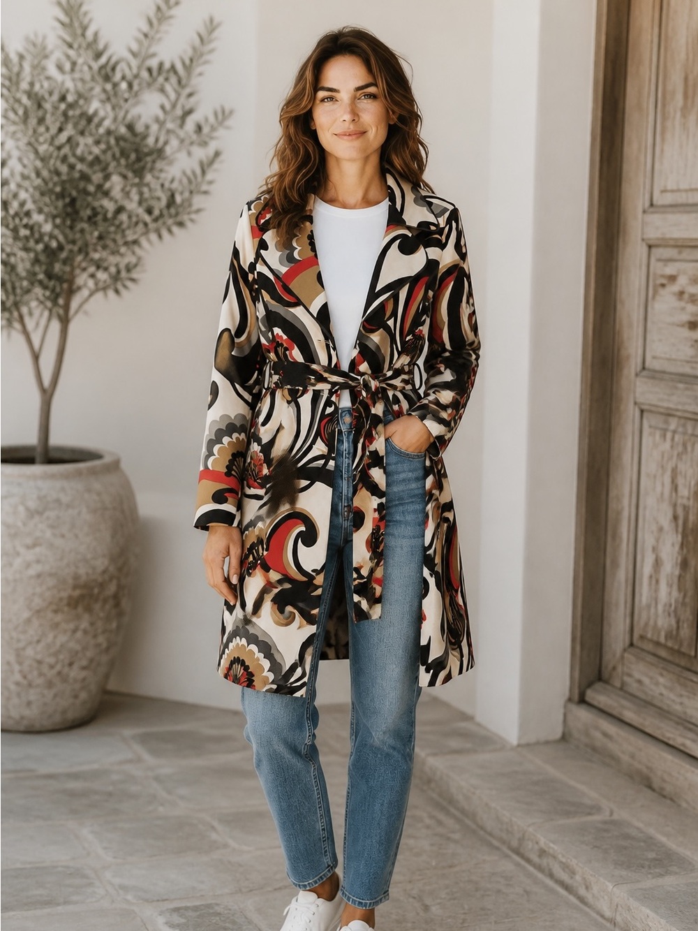 3 Sisters Vintage Black Cream White Abstract Print Jacket